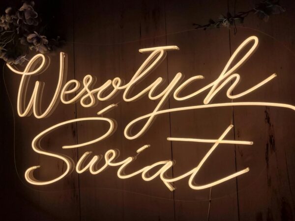 Neon Wesołych Świąt LED na świątecznej ściance