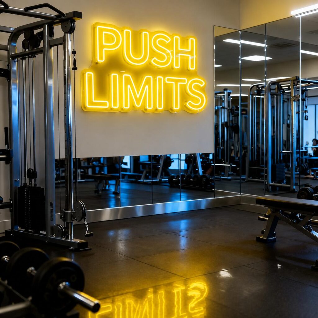 Neon LED Push Limits w siłowni – motywacyjny napis LED do klubu fitness, neon na ścianę, reklama świetlna LED, dekoracja siłowni, nowoczesny neon do sali treningowej.