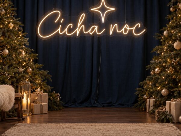 Neon Cicha noc LED z gwiazdą na świątecznej ściance
