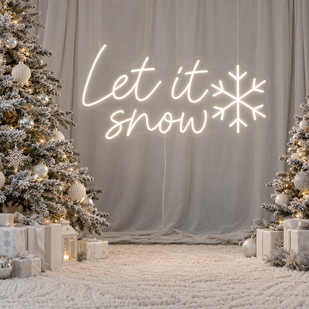 Neon Let it snow LED z płatkiem śniegu na zimowej ściance