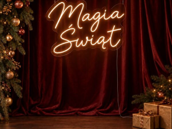 Neon Magia Świąt LED na eleganckiej świątecznej ściance